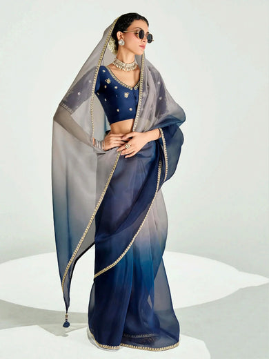 Sweet Navy Blue Organza Border Work Saree With Blouse